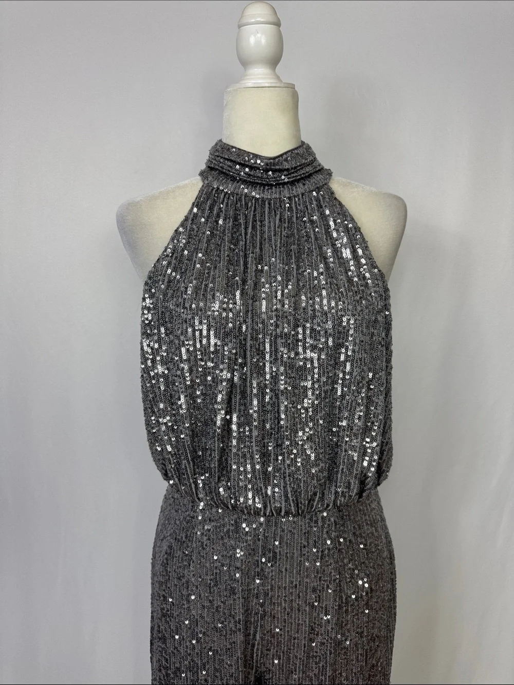 Eliza J Sequin Mock Neck Jumpsuit Size 8 Gunmetal Silver - Picture 4 of 11